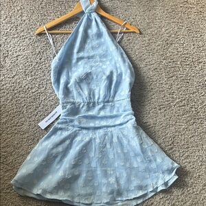 Princess Polly  Blue Jacquard Halter Dress